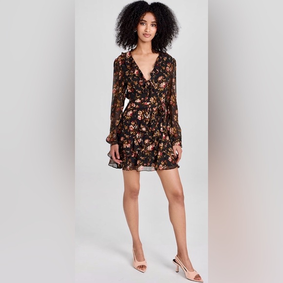 Paige Tamera Long Sleeve Silk Georgette Floral A-line Dress w Plunging V-Neck - Picture 1 of 12